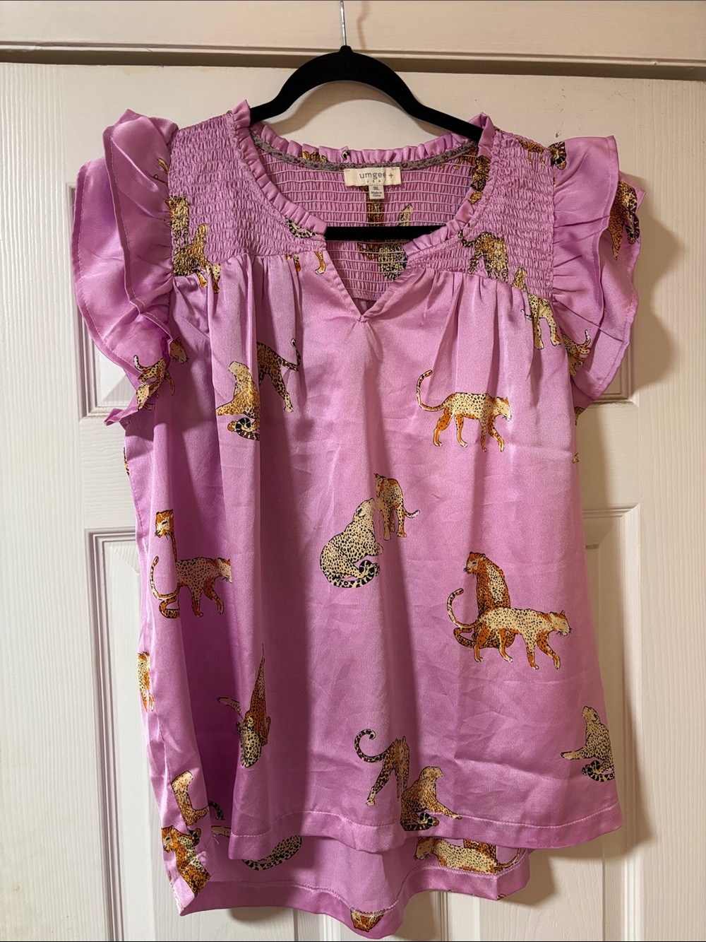 Umgee Pink Smocked Top with Leopard Print